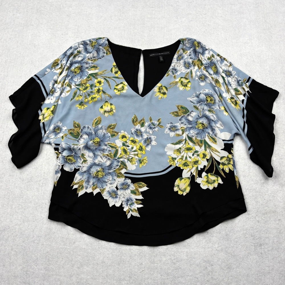 White House Black Market Womens Medium Floral Kimono Blouse Blue Black Top M